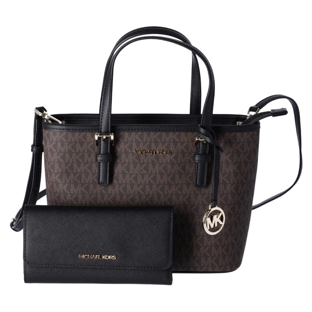 Michael Kors Jet Set XS Carryall Tote Brown MK Logo Signature + Black Wallet